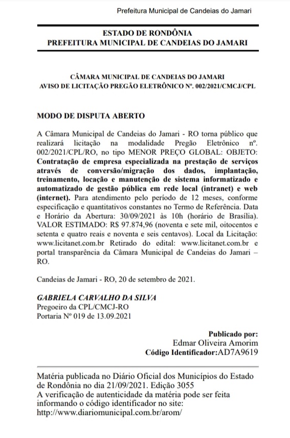 Aviso de Licitação Pregão Eletrônico Nº 002/2021/CMCJ/CPL