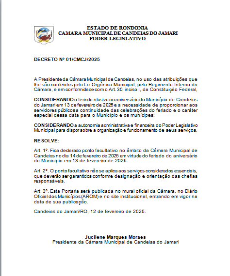 Câmara de Vereadores decreta ponto facultativo na sexta-feira (14)