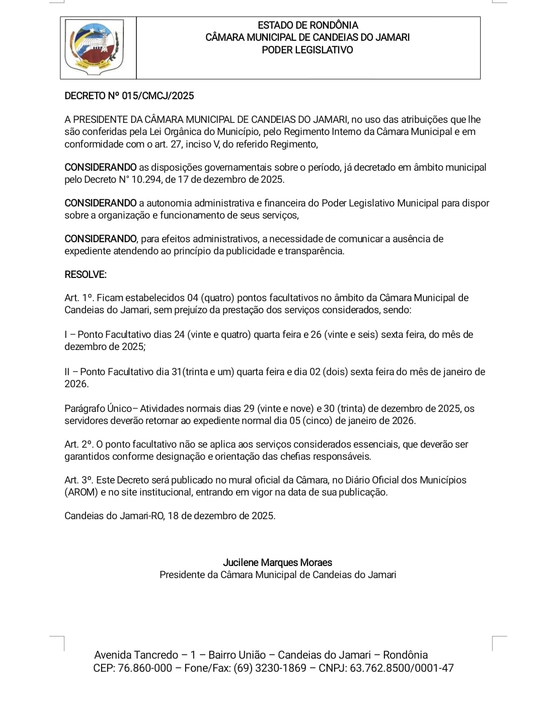 Câmara Municipal de Candeias do Jamari decreta ponto facultativo nos dias 24, 26, 31/12 e 02/01/2026