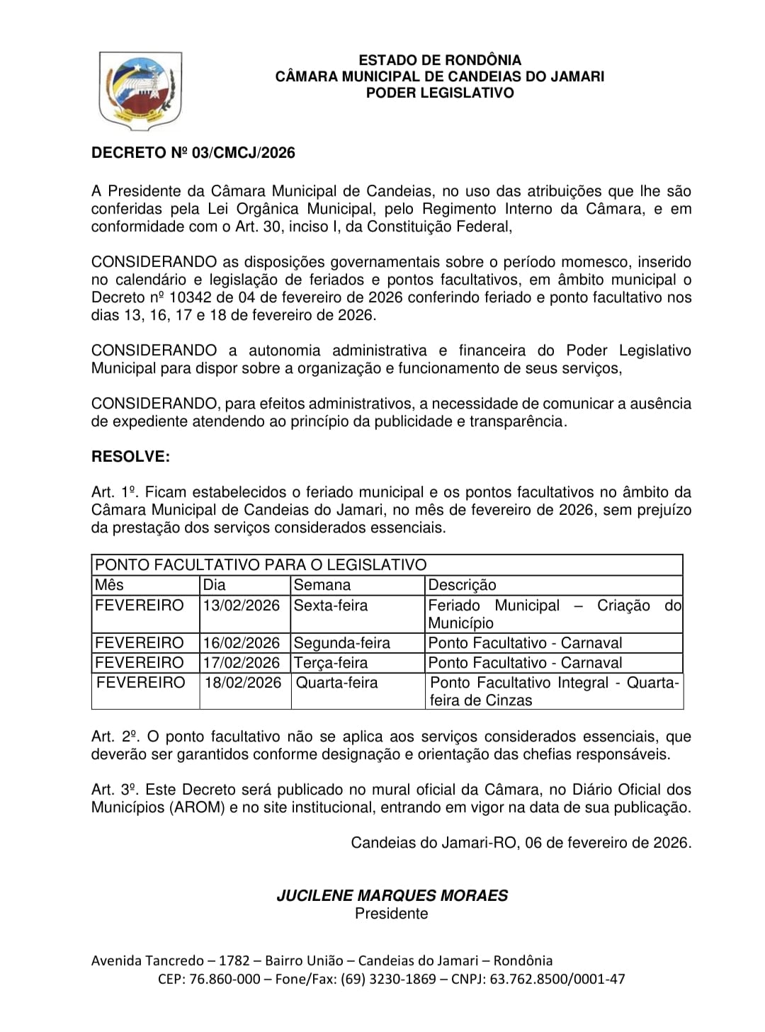 Câmara Municipal de Candeias do Jamari estabelece ponto facultativo durante o Carnaval