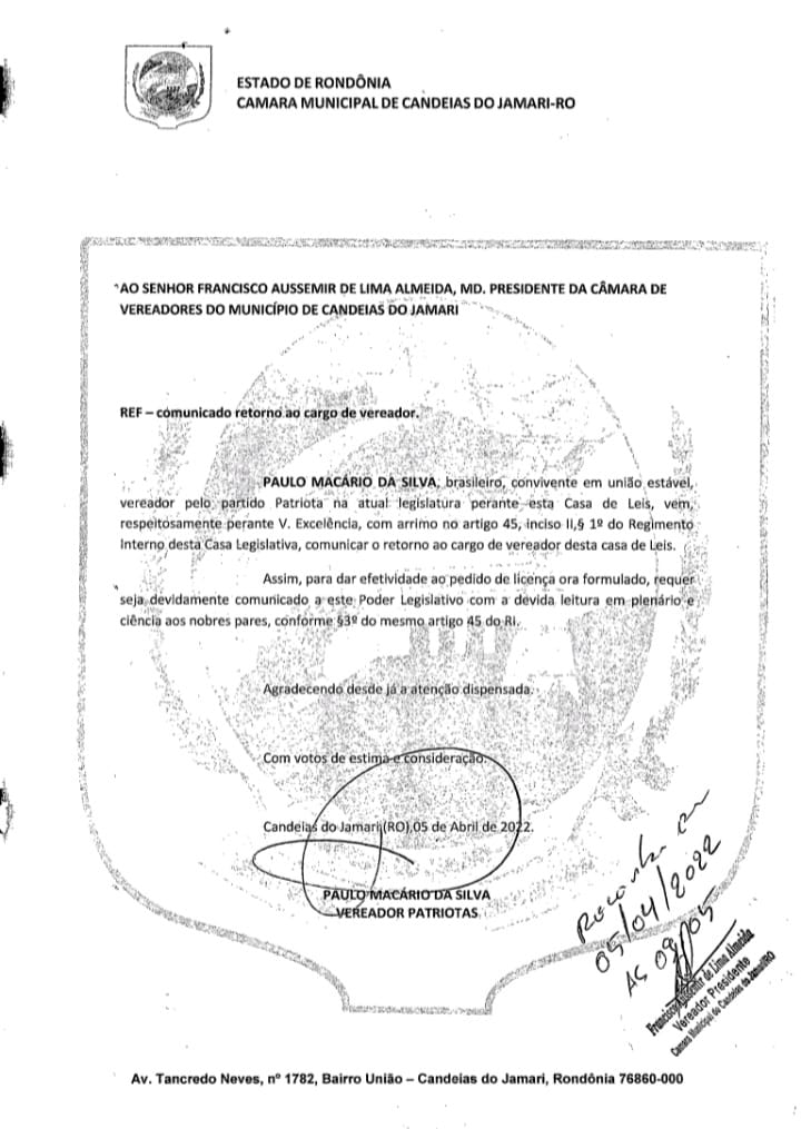 Comunicado de retorno ao cargo de Vereador (Paulo Macário)
