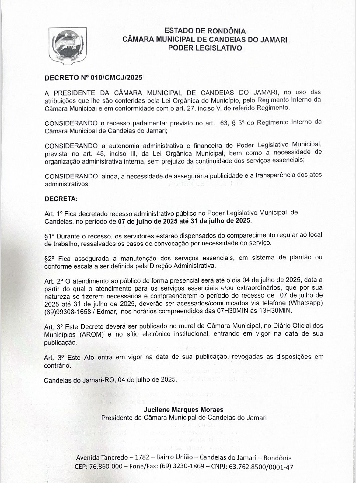 DECRETO Nº 010/CMCJ/2025