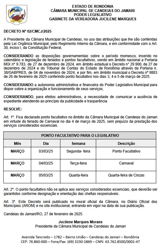 DECRETO QUE DISPÕE SOBRE PONTO FACULTATIVO