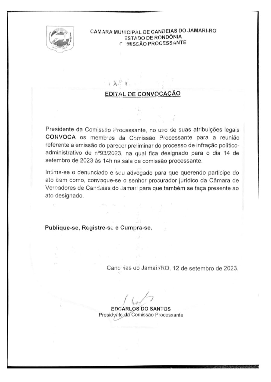 EDITAL DE CONVOCAÇÃO PARA EMISSÃO DO PARECER PRELIMINAR DO PROCESSO DE INFRAÇÃO POLÍTICO-ADMINISTRATIVO