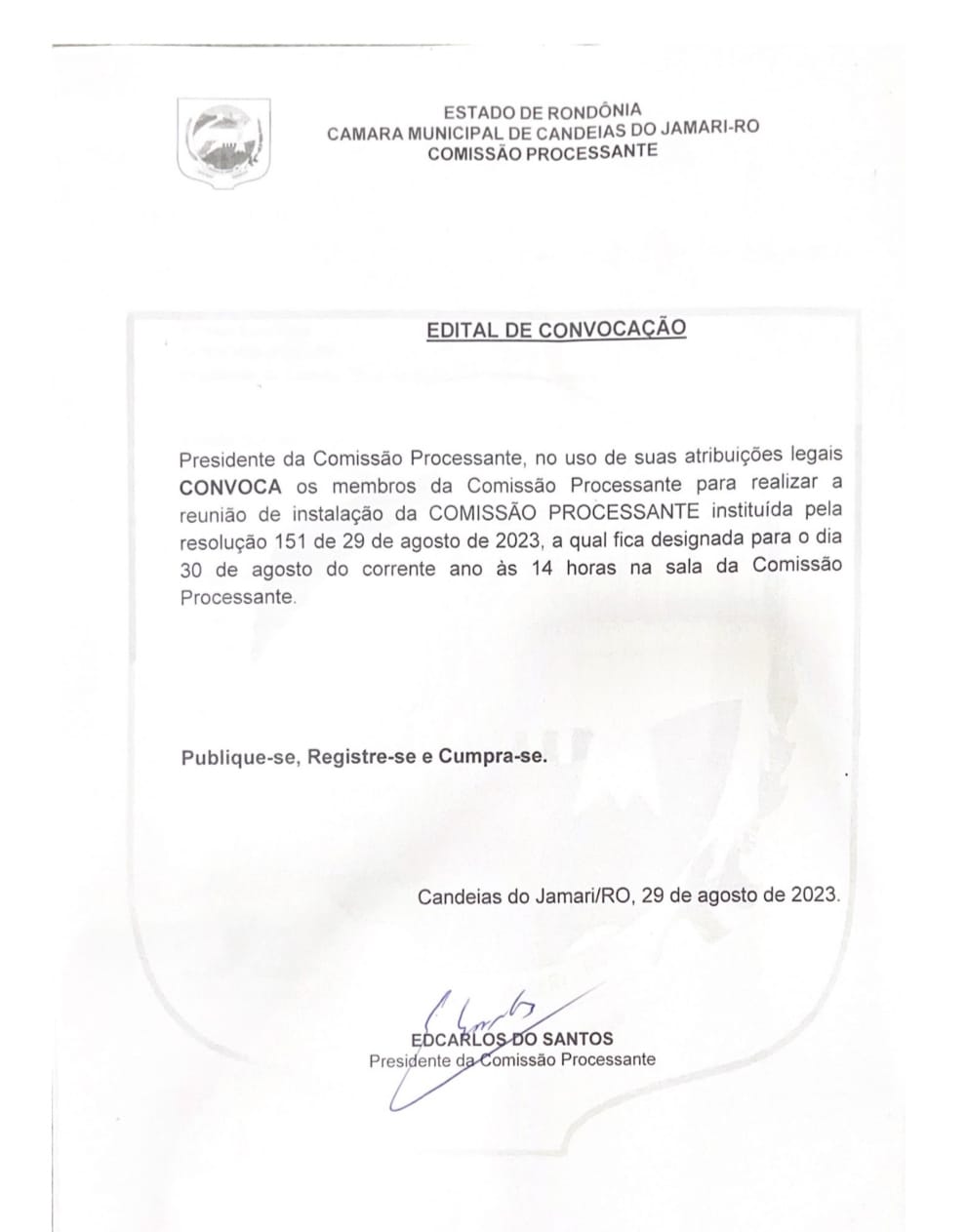 Edital de Convocação para instalação da Comissão Processante 
