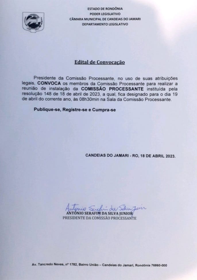 EDITAL DE CONVOCAÇÃO PARA INSTALAÇÃO DA COMISSÃO PROCESSANTE
