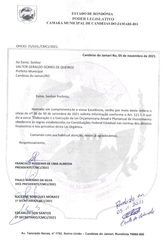 Mesa Diretora reitera oficio para o Executivo solicitando a Lei Orçamentária 