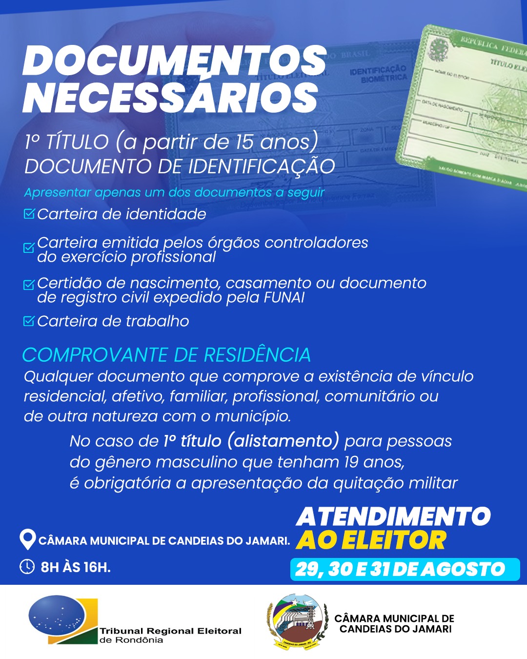 Mutirão de Atendimentos do Tribunal Regional Eleitoral em Candeias do Jamari nos dias 29,30 e 31 de agosto de 2023