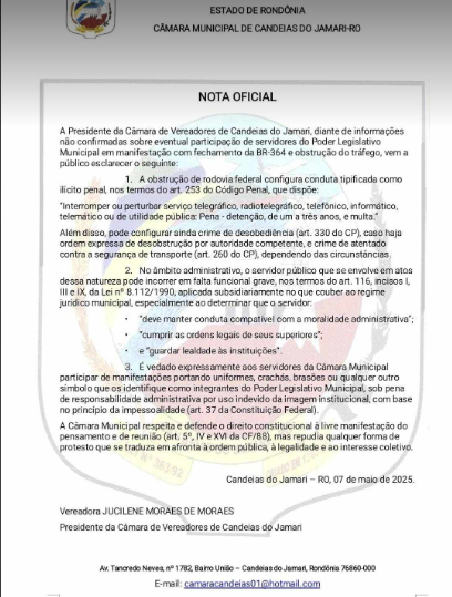 Nota Oficial da Câmara Municipal de Candeias do Jamari