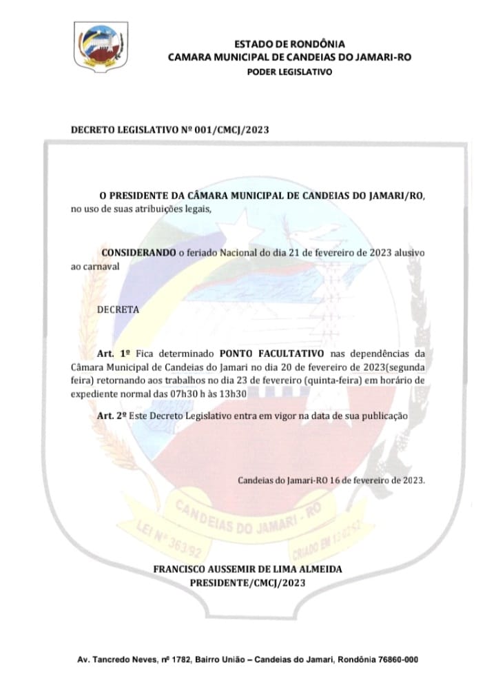 Poder Legislativo de Candeias do Jamari decreta ponto facultativo no carnaval 