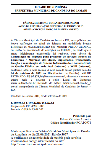 Retificando aviso de Licitação de Pregão Eletrônico Nº002/2021/CMCJ/CPL