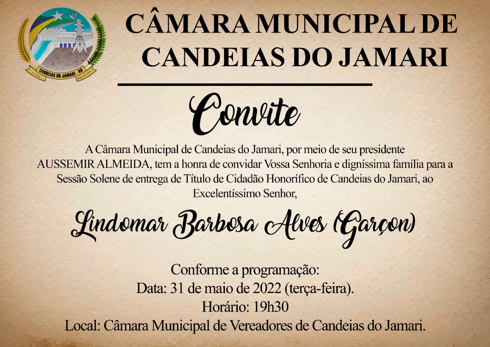 SESSÃO SOLENE DE ENTREGA DE TÍTULO DE CIDADÃO HONORÍFICO